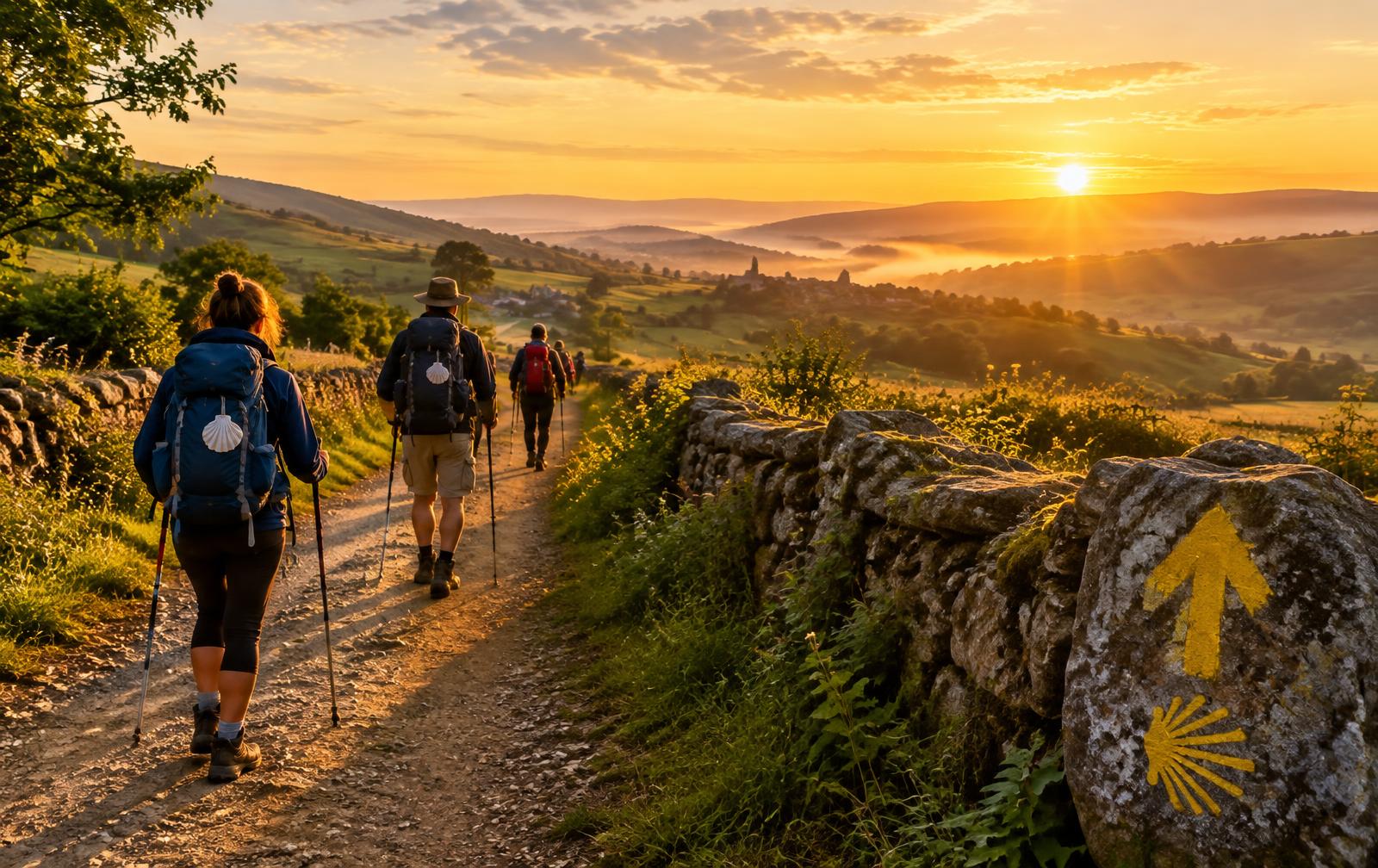 Peregrinos caminando al amanecer en el Camino de Santiago